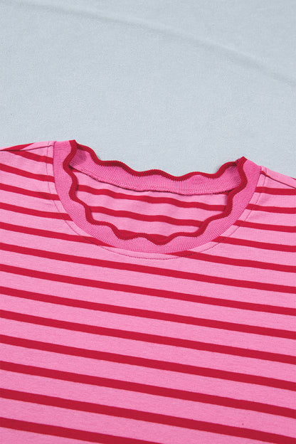 Stripe Scalloped Trim Short Sleeve Side Slit Dress