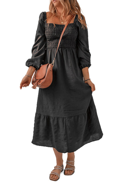 Smocked Square Neck Midi Dress