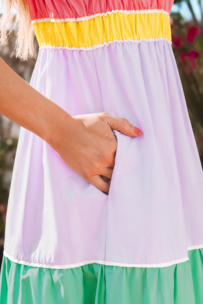 Colorblock Self-Tie Straps Pocketed Flowy Maxi Dress