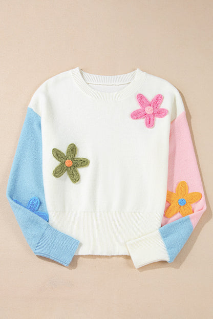 Colorblock Floral Embroidered Fuzzy Sweater