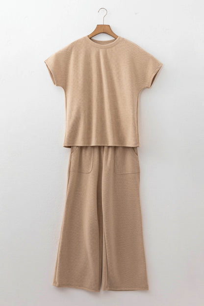 Ribbed Short Sleeve Top & Wide Leg Pants Set