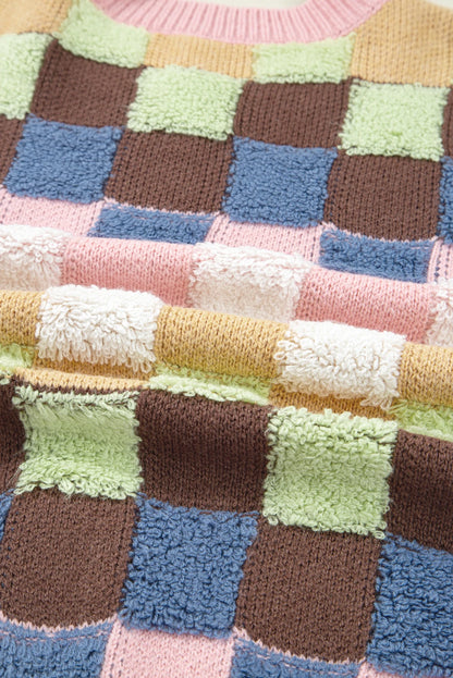 Checker Textured Knit Button Front Cardigan Sweater