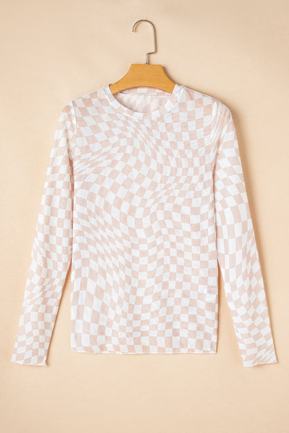 Checker Mesh Mock Neck Long Sleeve Top