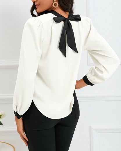 Colorblock Bow Tie Blouse