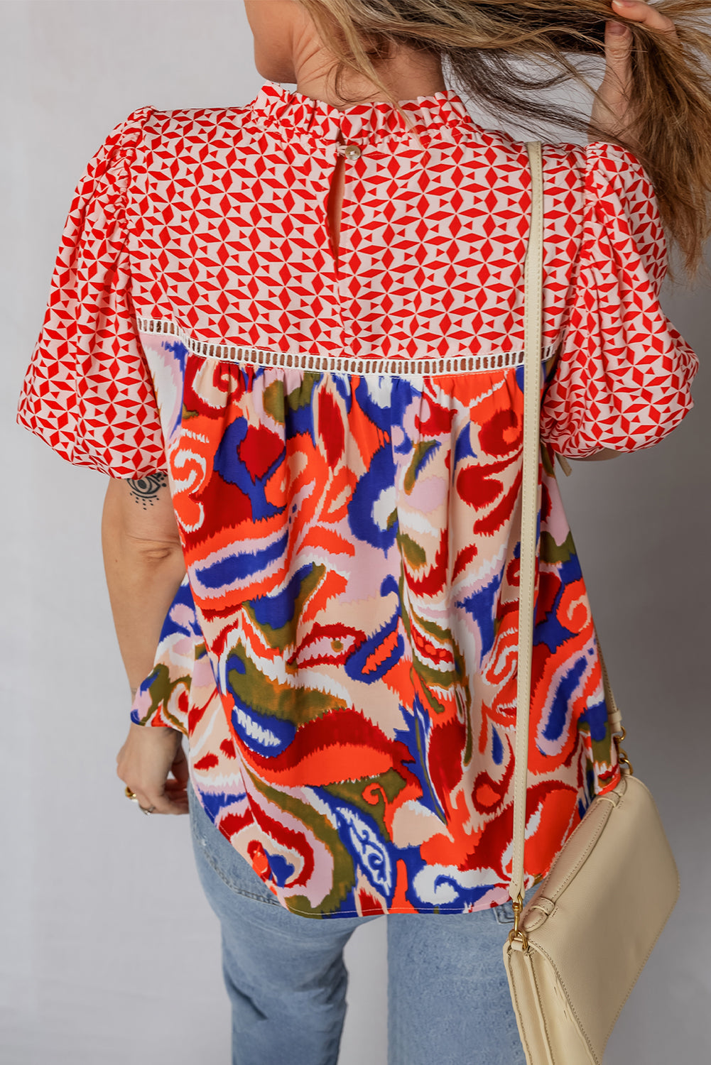 Paisley Geometric Patchwork Puff Sleeve Blouse