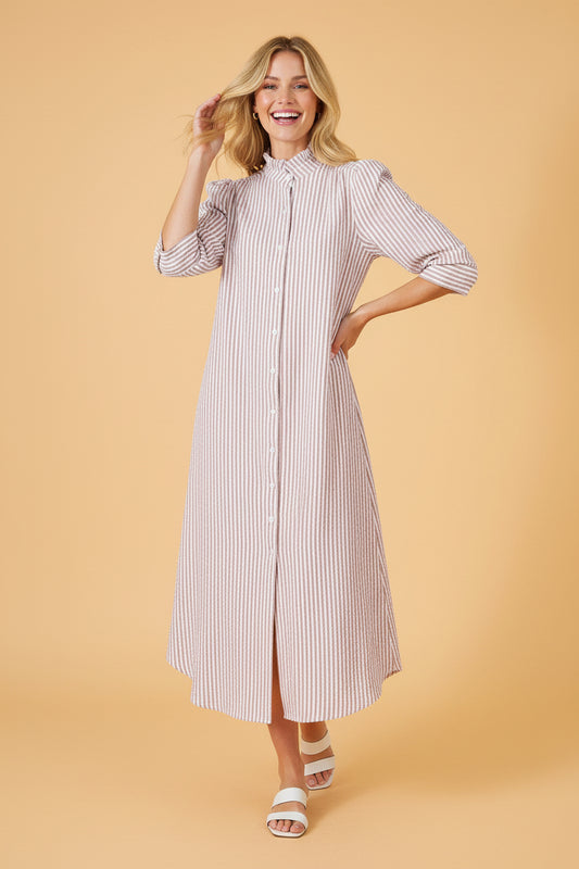 Stripe Frilled Collar 3/4 Sleeve Maxi Dress