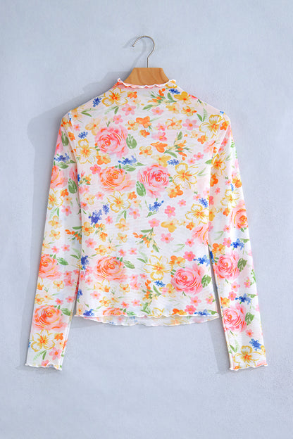 Floral Sheer Mesh Lettuce Trim Long Sleeve Top