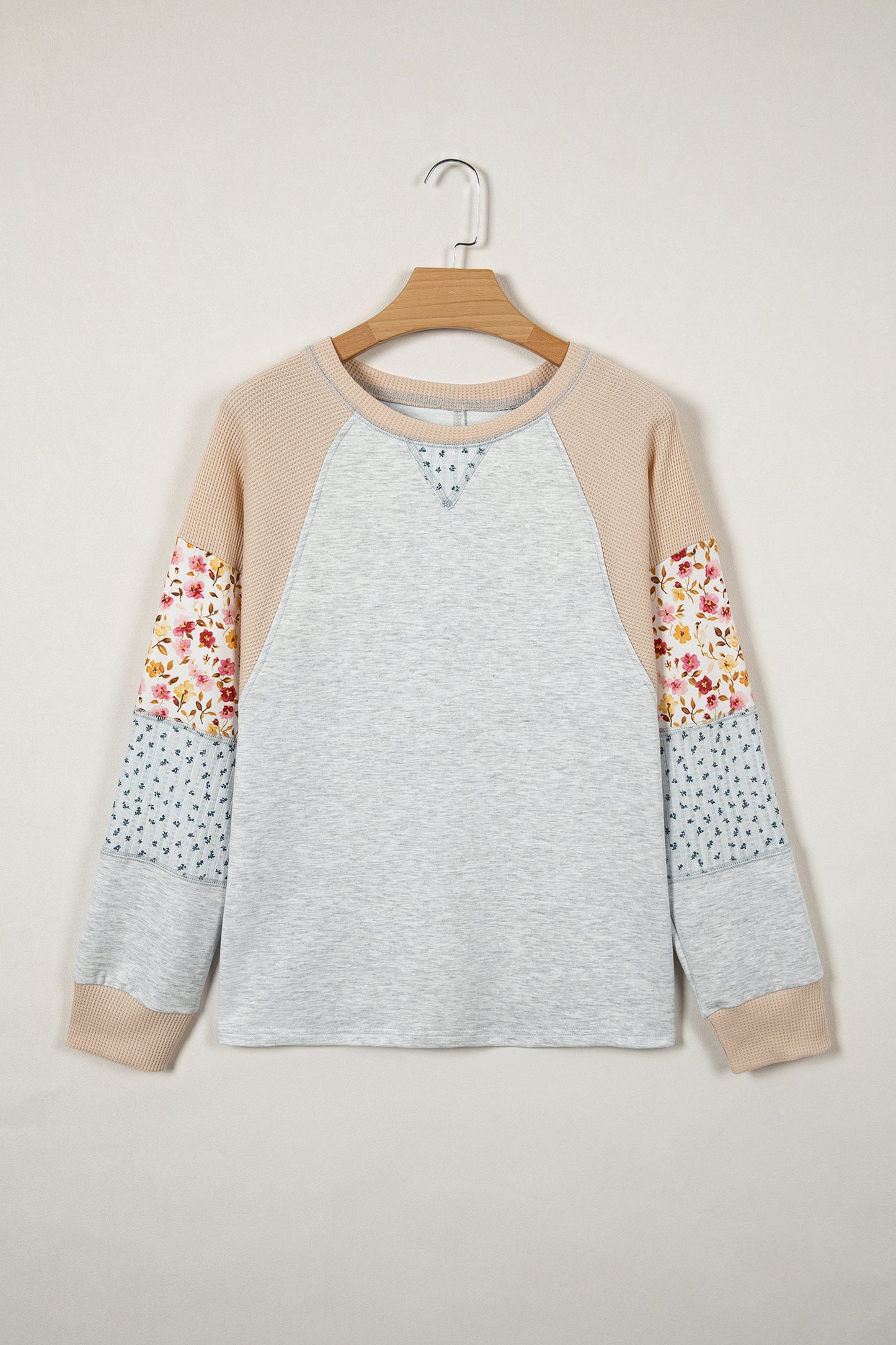 Floral Waffle Knit Patchwork Raglan Long Sleeve Top