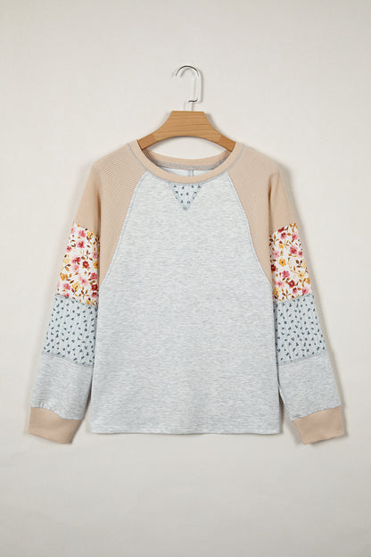 Floral Waffle Knit Patchwork Raglan Long Sleeve Top