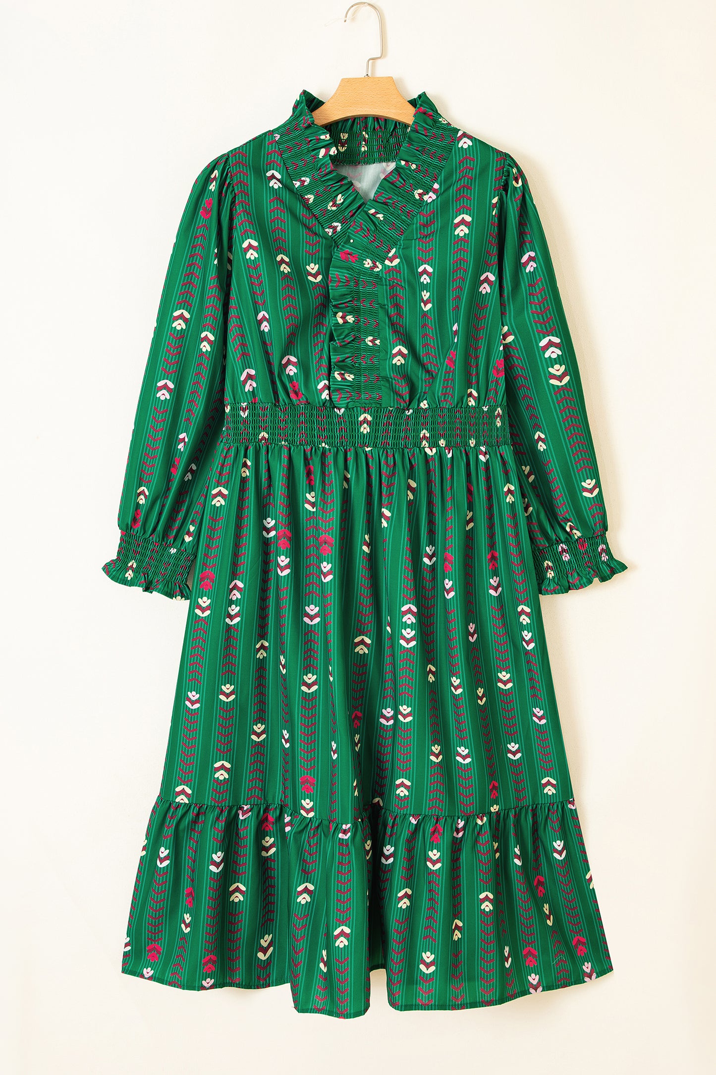 Plus Size Floral Ruffle V-Neck Long Sleeve Midi Dress