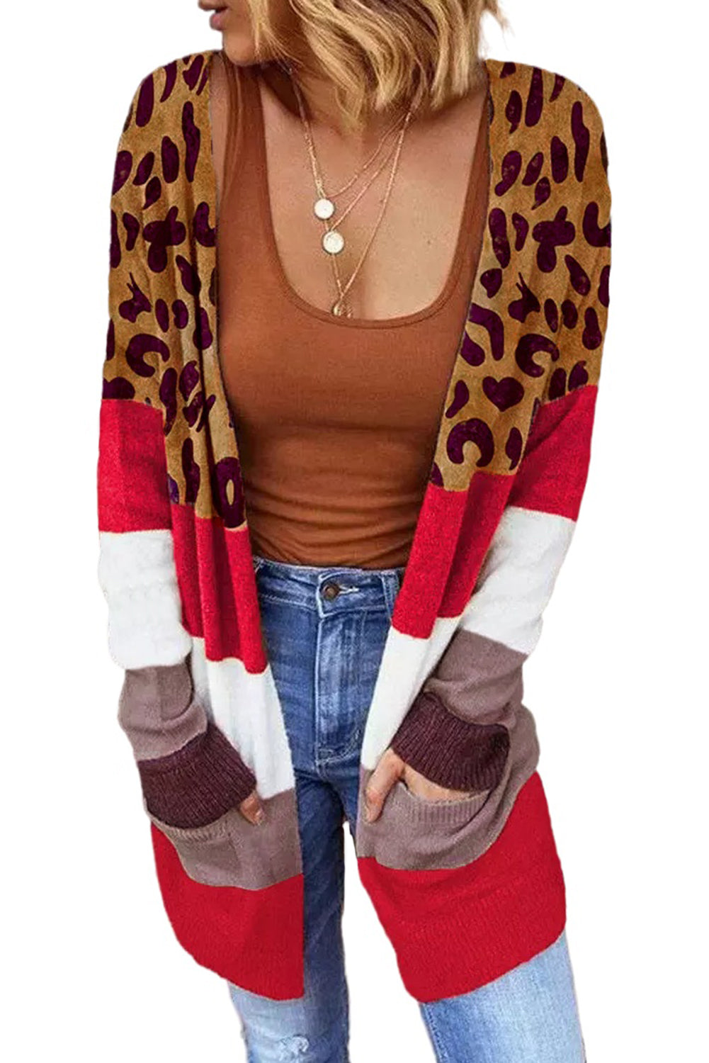 Leopard Colorblock Pocketed Long Cardigan