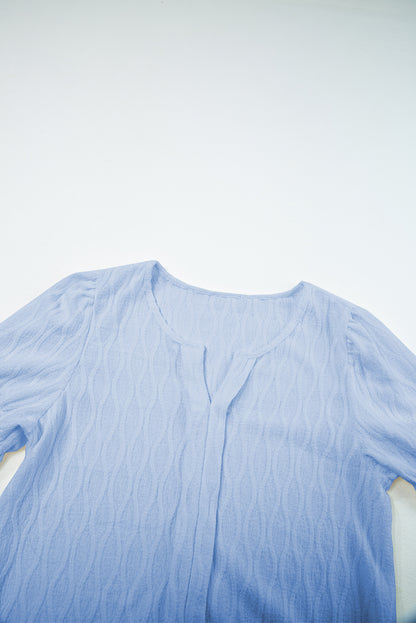 Solid Textured Notch Neck Puff Sleeve Blouse
