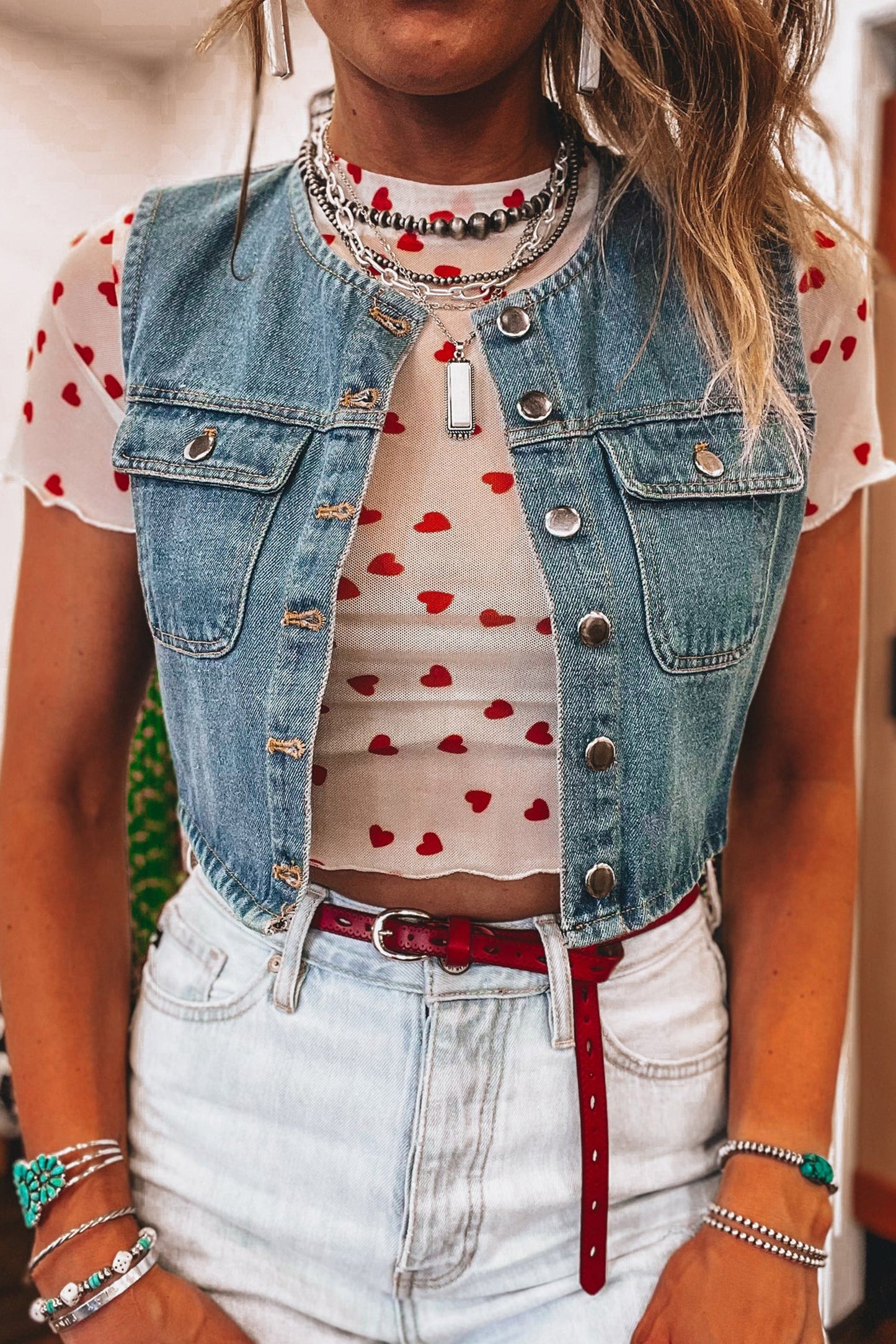 Heart Mesh Short Sleeve Top