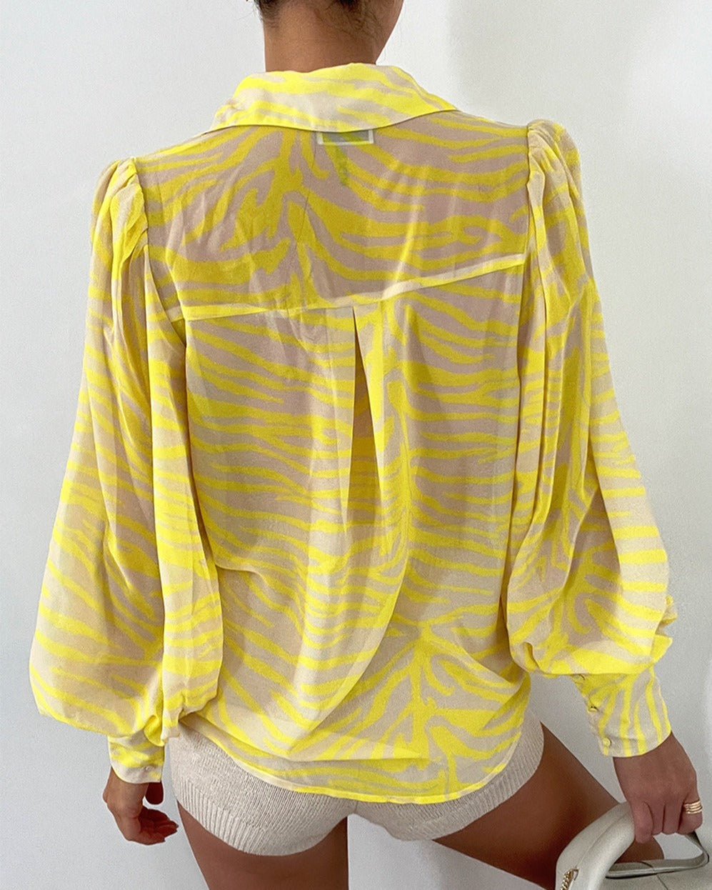 Yellow Zebra Stripes Print Lantern Sleeve Shirt