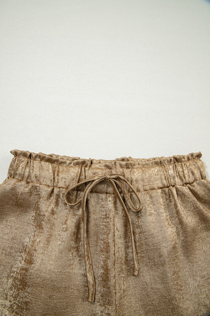 Metallic Tie Elastic Waist Cuffed Hem Shorts