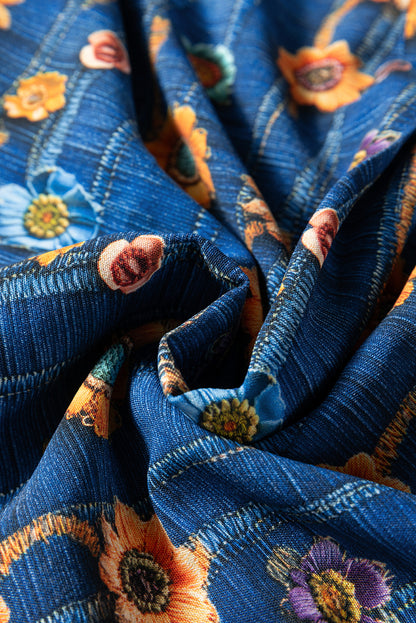 Floral Patchwork Long Sleeve Collared V-Neck Blouse