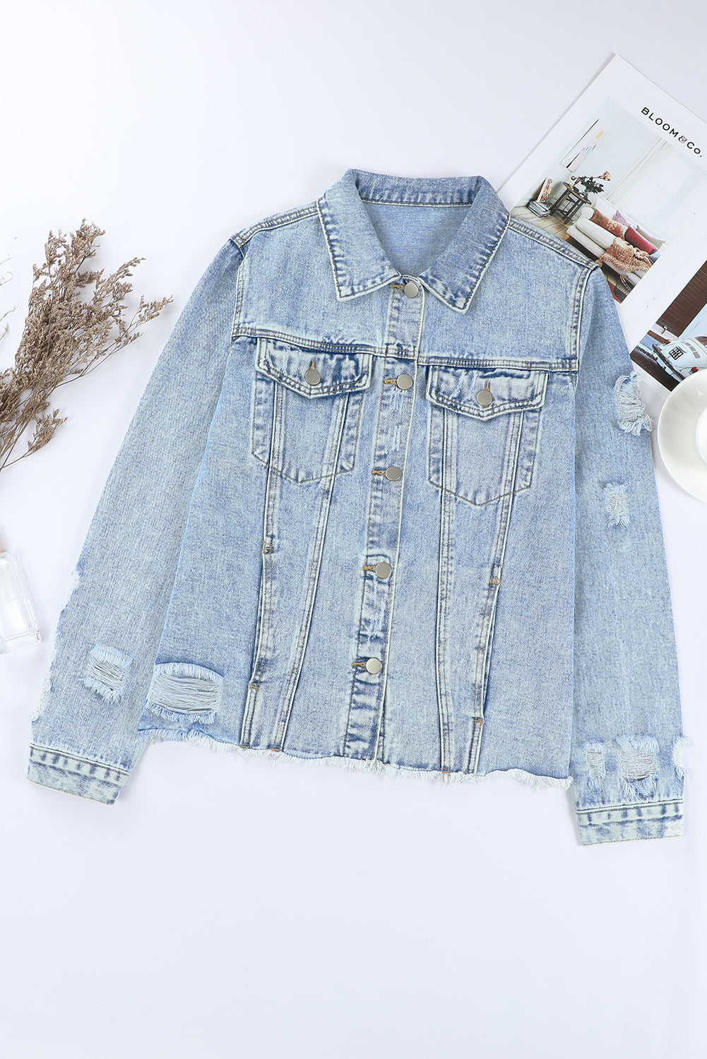 Denim Lapel Distressed Raw Hem Buttoned Jacket