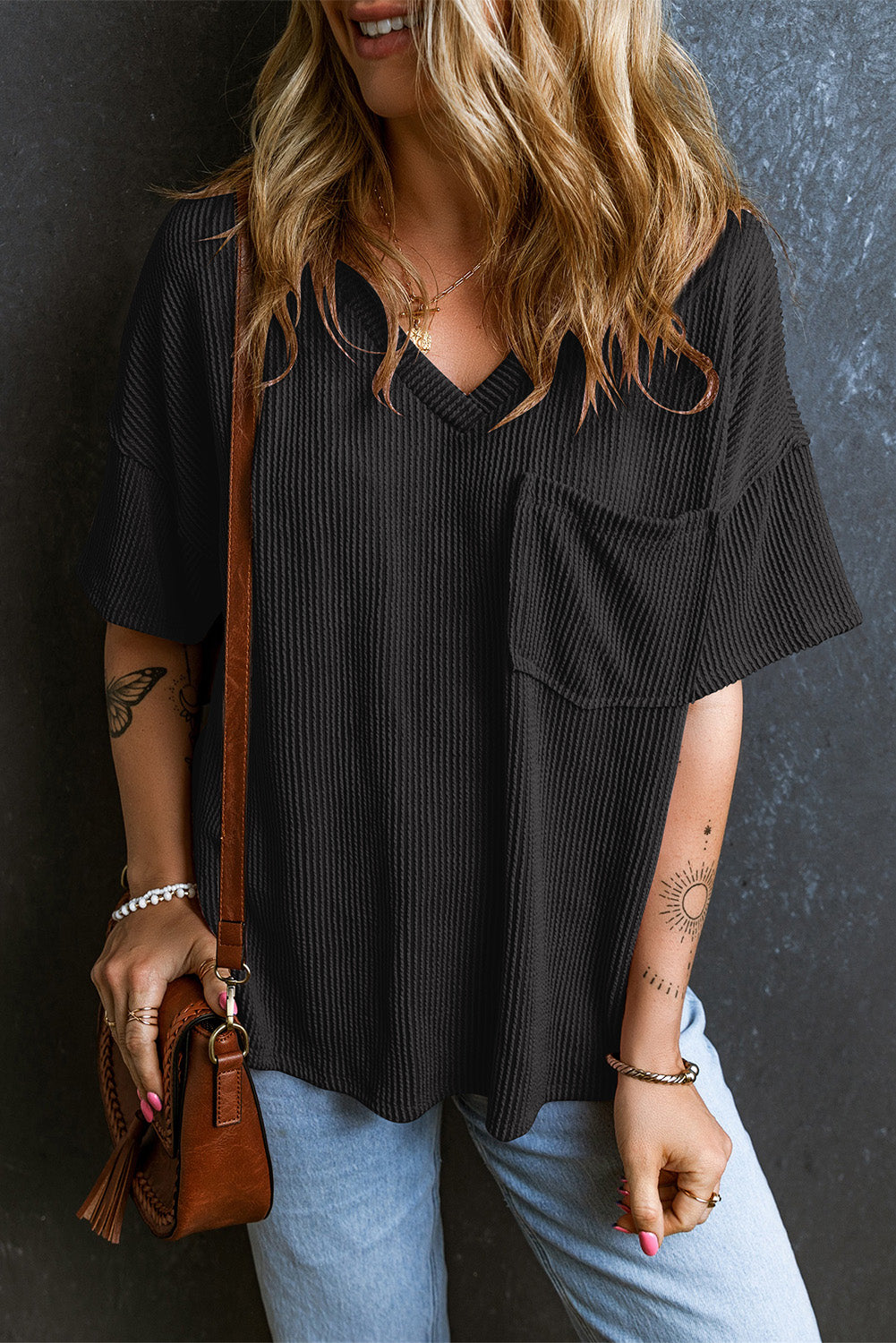 Corded Short Sleeve Pocketed T-Shirt