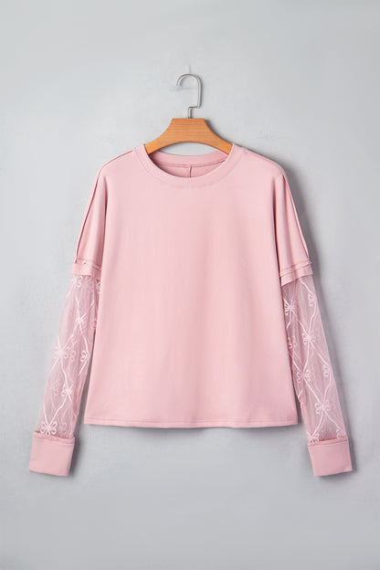 Bow Mesh Patchwork Long Sleeve Tee