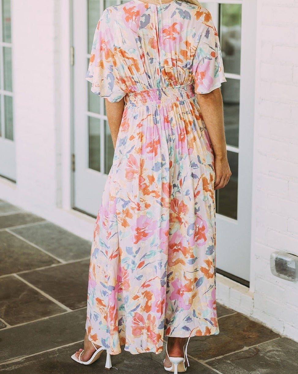 Floral Ruched V-Neck Maxi Dress