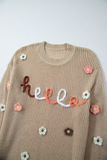 Hello Floral Embroidered Knit Long Sleeve Loose Sweater