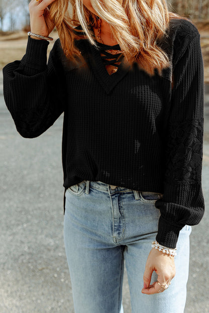 Lace Waffle Patchwork Long Sleeve Top