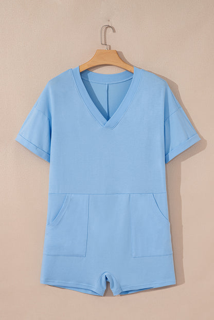 Solid Short Sleeve V-Neck Knit Romper