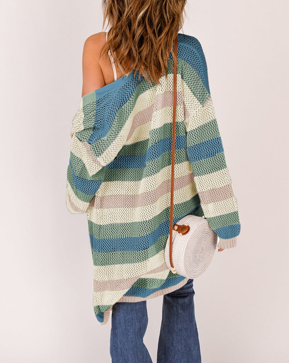 Stripe Colorblock Hollowed Knit Cardigan