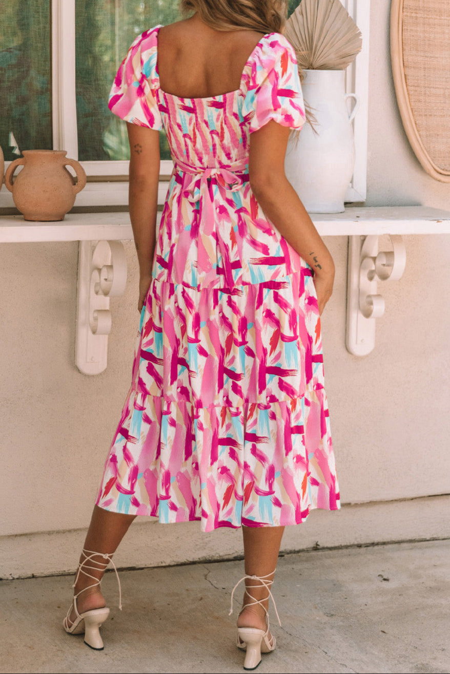 Abstract Smocked Puff Sleeve Dress