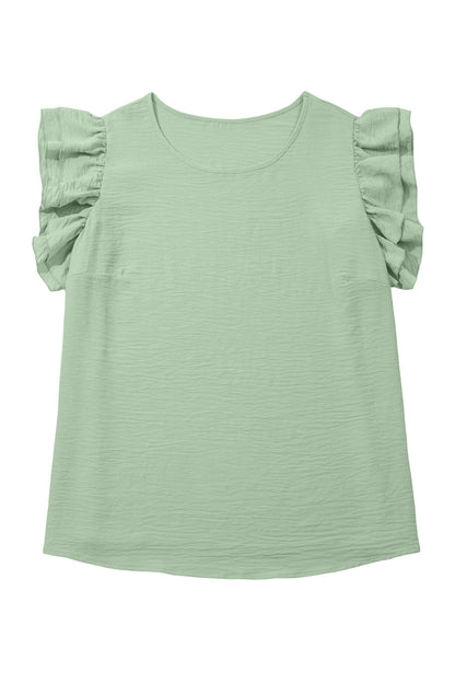 Plus Size Solid Crew Neck Ruffle Sleeve Top