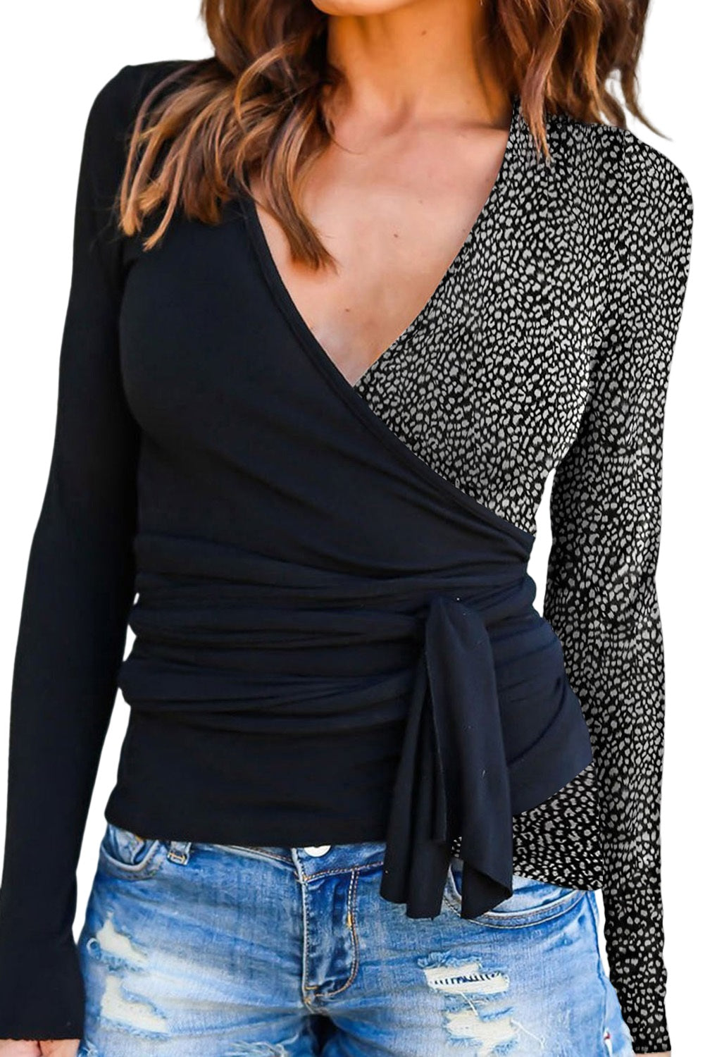 Dotted Colorblock Wrap V-Neck Top