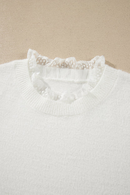 Solid Lace Trim Crewneck Long Sleeve Sweater