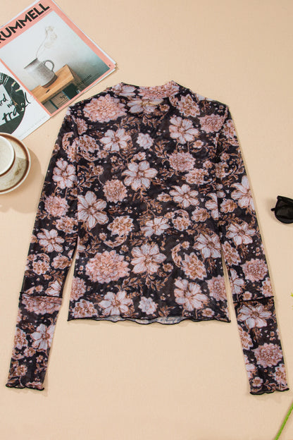 Floral Mesh Mock Neck Long Sleeve Top