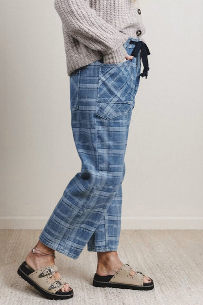 Denim Plaid Grommet Drawstring Waist Jeans