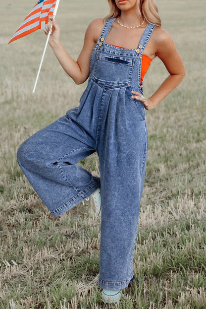 Denim Wash Wide Leg  Overalls