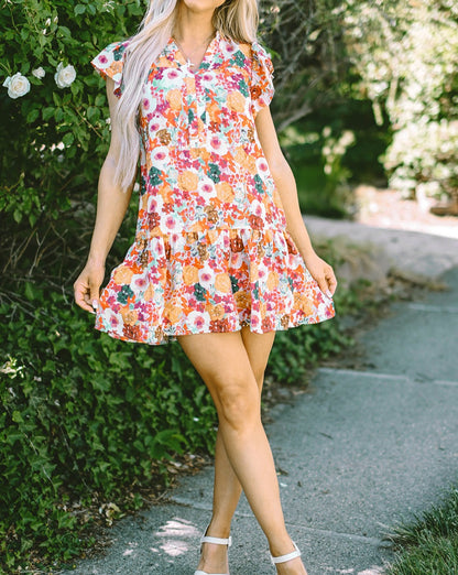 Floral Flutter Sleeve V-Neck Dress