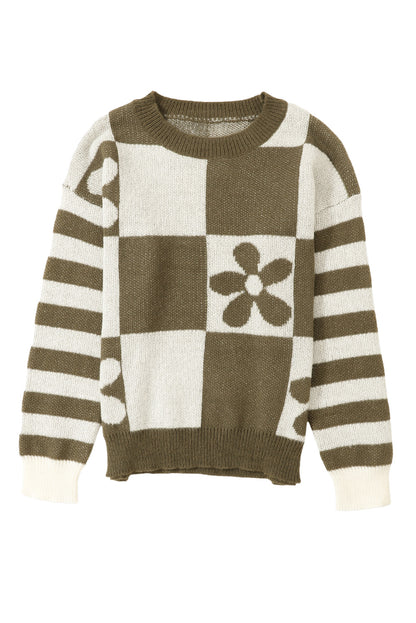 Checkered Floral Stripe Colorblock Sweater