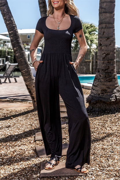 Pleated Scoop Neck Short Sleeve Jumpsuit