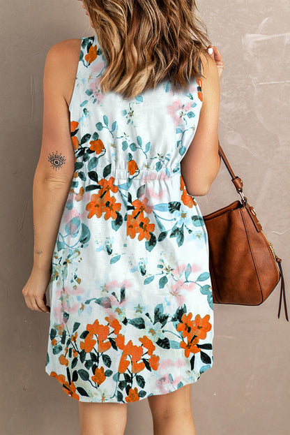 Floral Sleeveless Button Up Waist Mini Dress