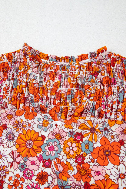 Floral V-Neck Pleated Ruffle Short Sleeve Blouse