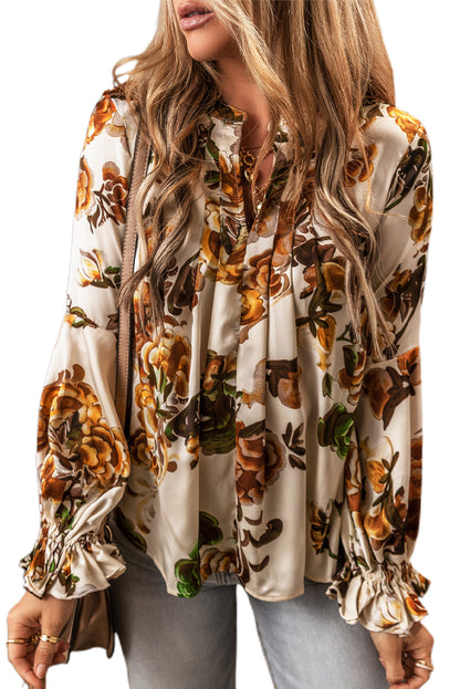 Floral Flounce Sleeve Pleated Blouse