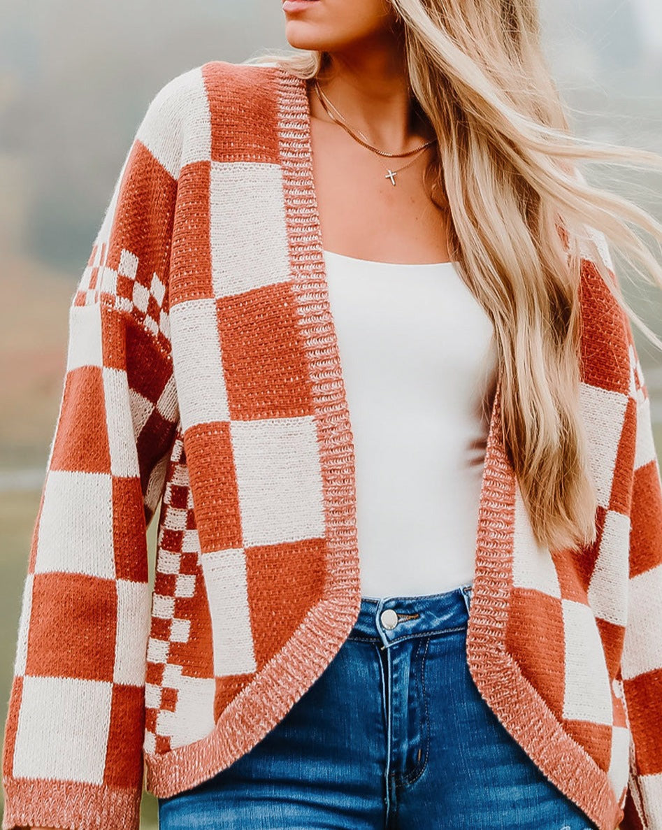 Checkered Open Front Knit Cardigan