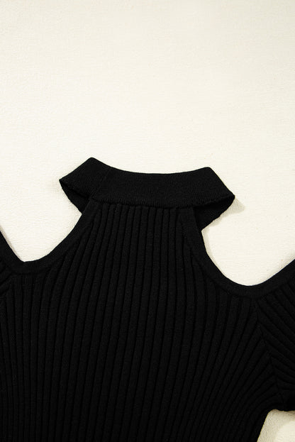 Solid Ribbed Knit Cold Shoulder Choker Neck Top