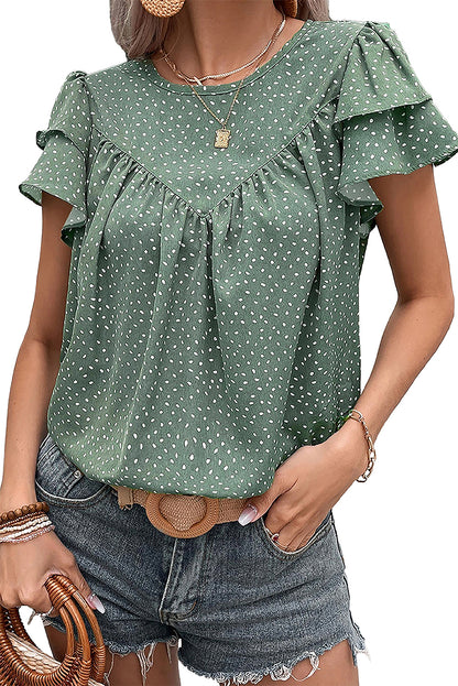 Dotted Ruffle Sleeve Ruched Blouse