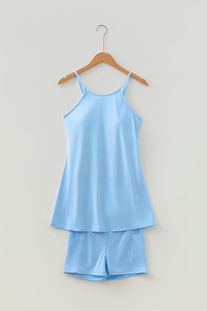 Solid Tunic Tank Dress & Shorts Athletic Set