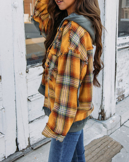 Plaid Hooded Snap Button Jacket