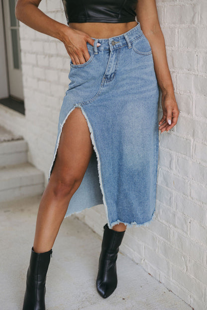 Denim Raw Edge Slit Midi Skirt