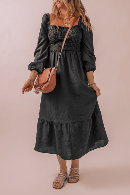 Smocked Square Neck Midi Dress