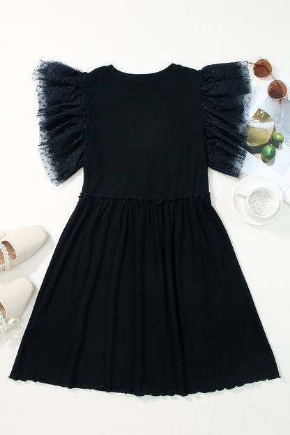 Dotted Mesh Ruffle Sleeve Ribbed Babydoll Dress