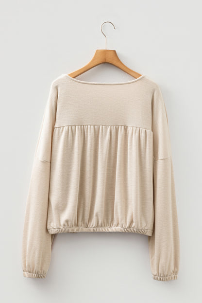Solid Ribbed Knit Pleated Long Sleeve Top